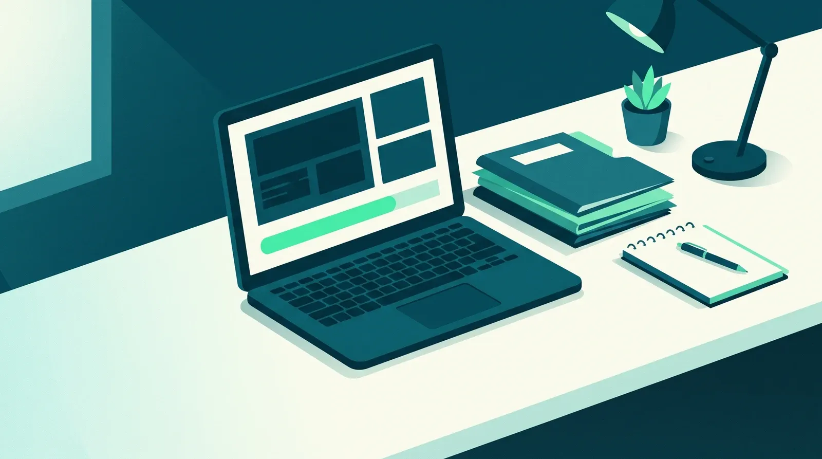 Apprendre à coder : bureau d'apprentissage avec ordinateur portable affichant une maquette de page web, pile de manuels, carnet de notes et lampe