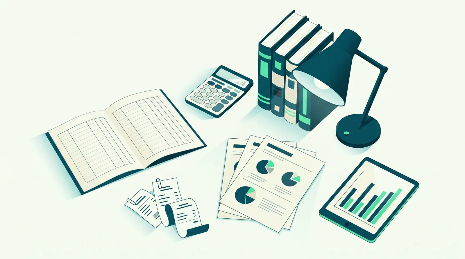 Apprendre la comptabilité : bureau avec journal comptable ouvert, calculatrice, manuels, justificatifs et tableaux de chiffres