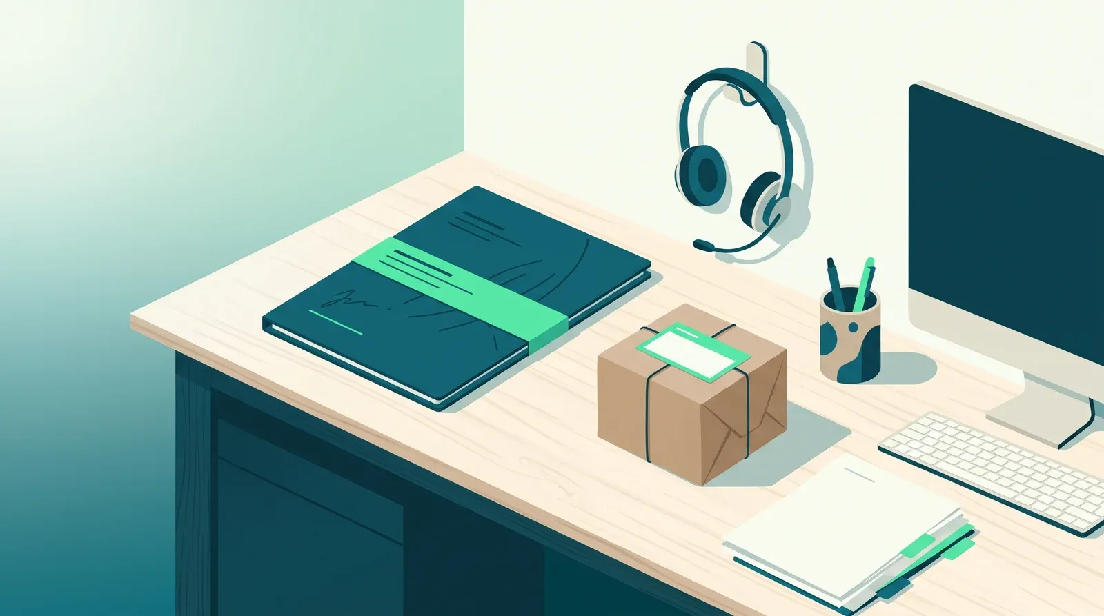 Métier d'assistant commercial : devis en attente, casque d'appel et colis à expédier sur le bureau