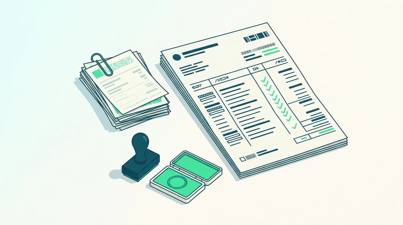 Métier de comptable assistant : pièces justificatives, relevé de compte et tampon dateur pour le rapprochement bancaire
