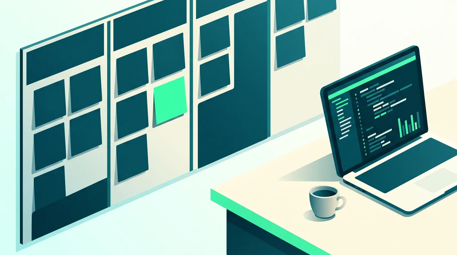 Poste de concepteur développeur d'applications : tasse de café et ordinateur portable devant un tableau kanban agile
