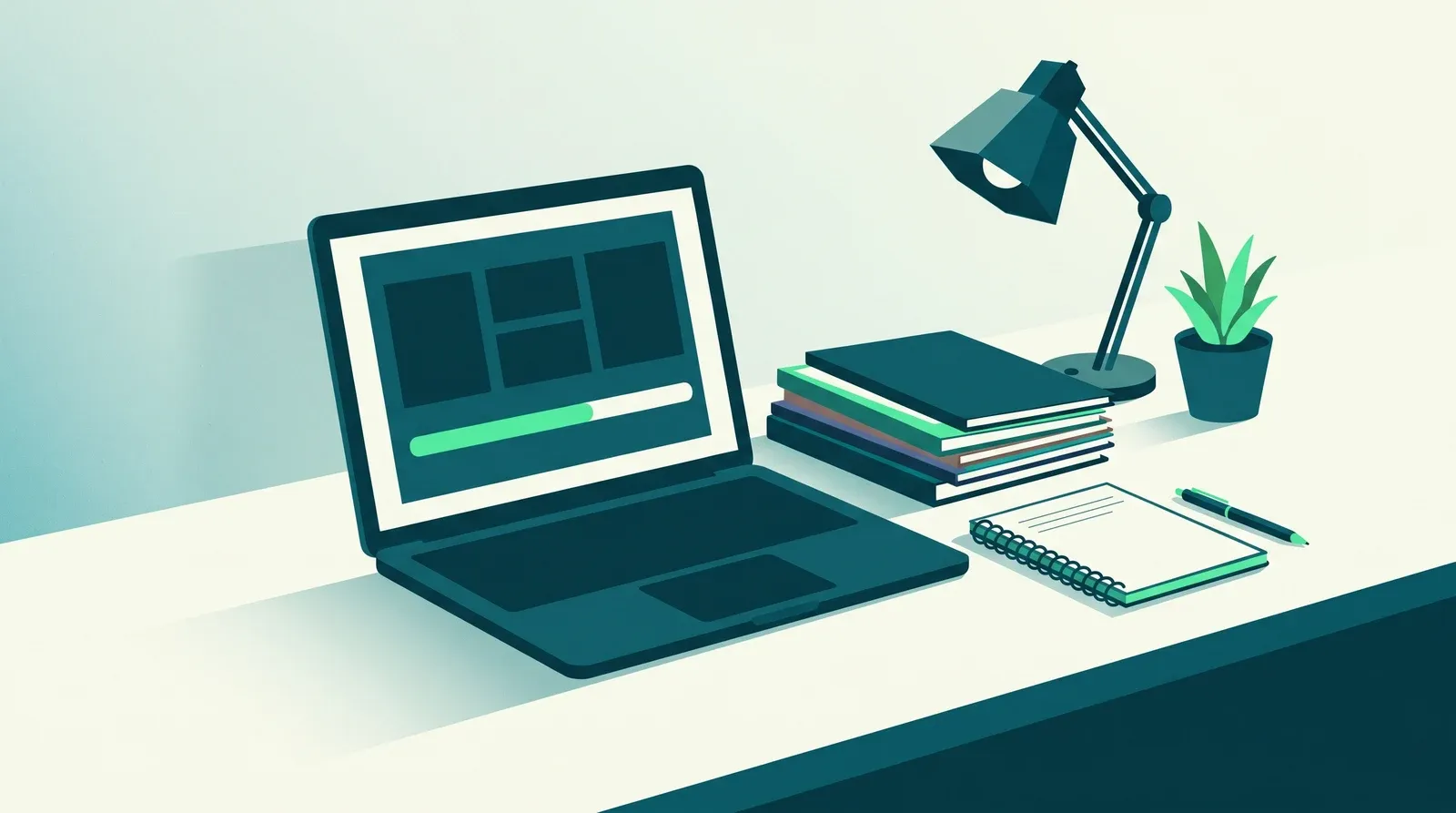 Cours du soir pour adultes : bureau éclairé par une lampe, ordinateur portable ouvert sur un cours en ligne, pile de manuels et carnet de notes