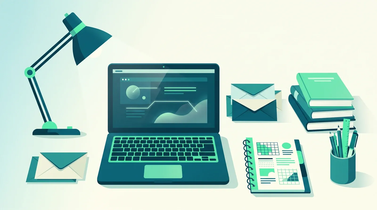 Cours par correspondance : espace de travail à domicile avec ordinateur portable, cahiers et supports de cours envoyés à distance