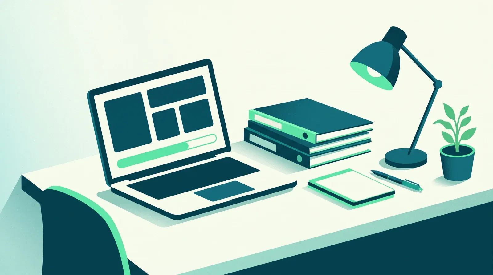 Bureau de développeur web en télétravail : ordinateur portable ouvert, pile de classeurs, carnet, stylo et lampe de bureau
