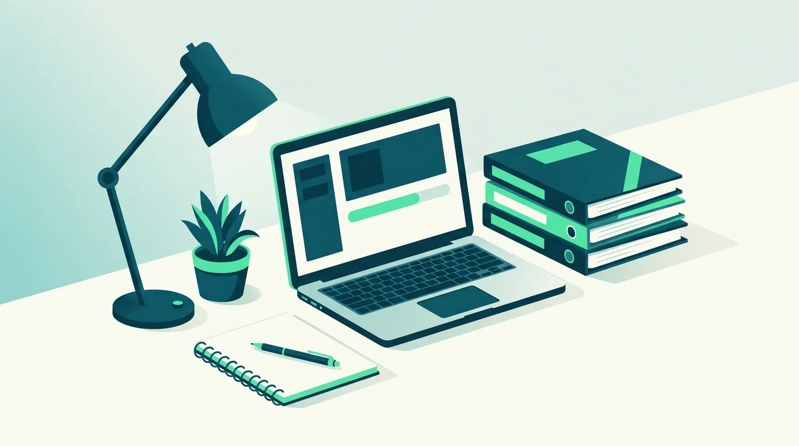 Bureau préparé pour un entretien d'embauche assistant commercial : ordinateur portable ouvert, classeurs de dossiers clients et bloc-notes de questions