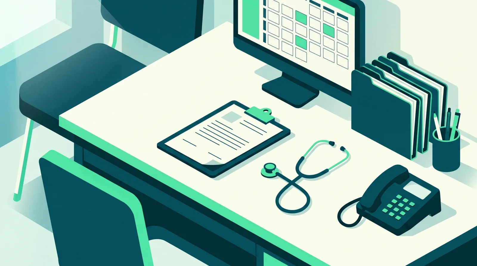 Fiche de poste secrétaire médicale : document de recrutement posé sur un bureau de secrétariat médical avec téléphone et dossiers patients