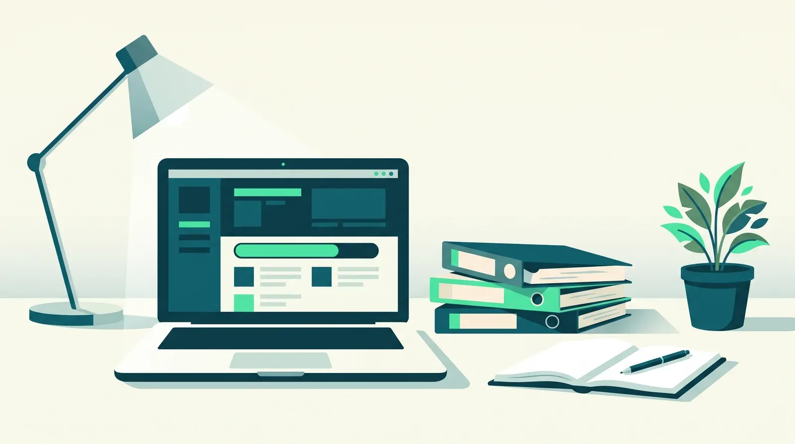 Bureau de travail avec ordinateur portable, classeurs et carnet ouvert, illustration des débouchés du formateur pour adultes en formation à distance
