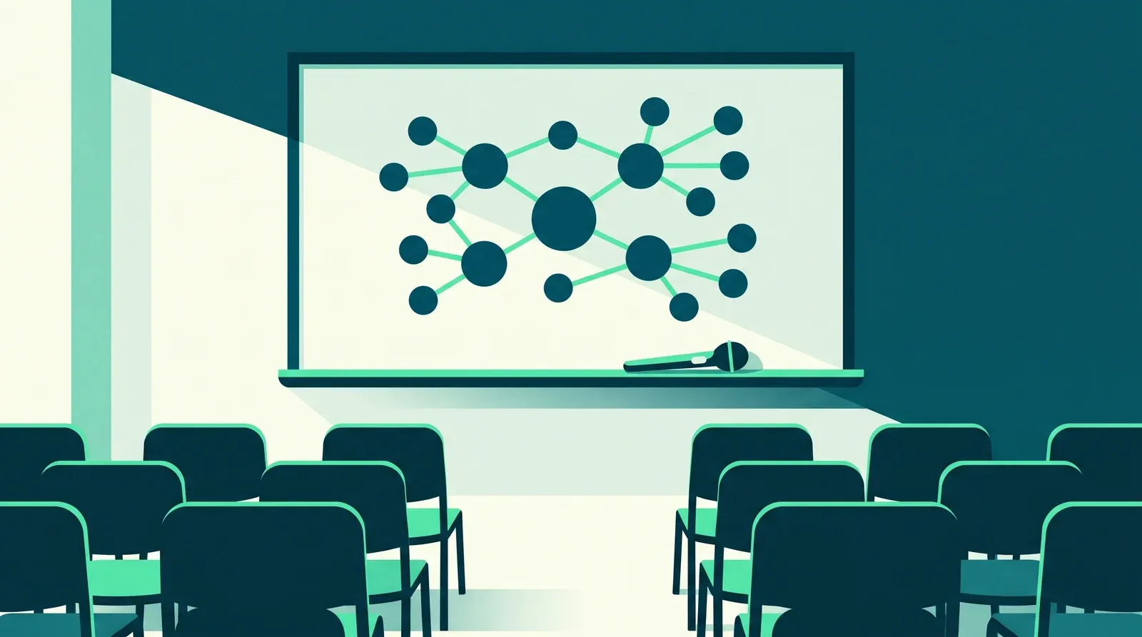 Salle de formateur professionnel d'adultes : chaises face à un tableau blanc couvert d'une carte mentale