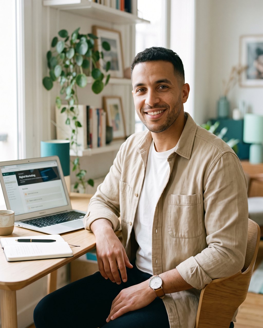 Apprenant qui suit sa formation en ligne depuis son bureau à domicile
