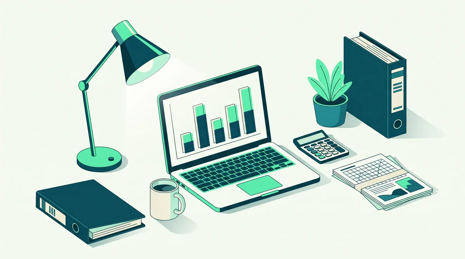 Bureau à domicile d'un gestionnaire de paie en télétravail : ordinateur portable avec graphiques, calculatrice, classeurs et documents