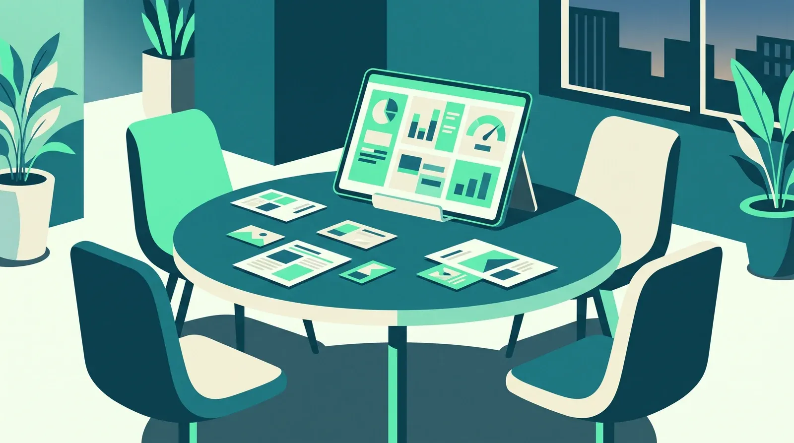 Responsable de petite et moyenne structure : cartes d'organisation et tablette de suivi sur une table de réunion