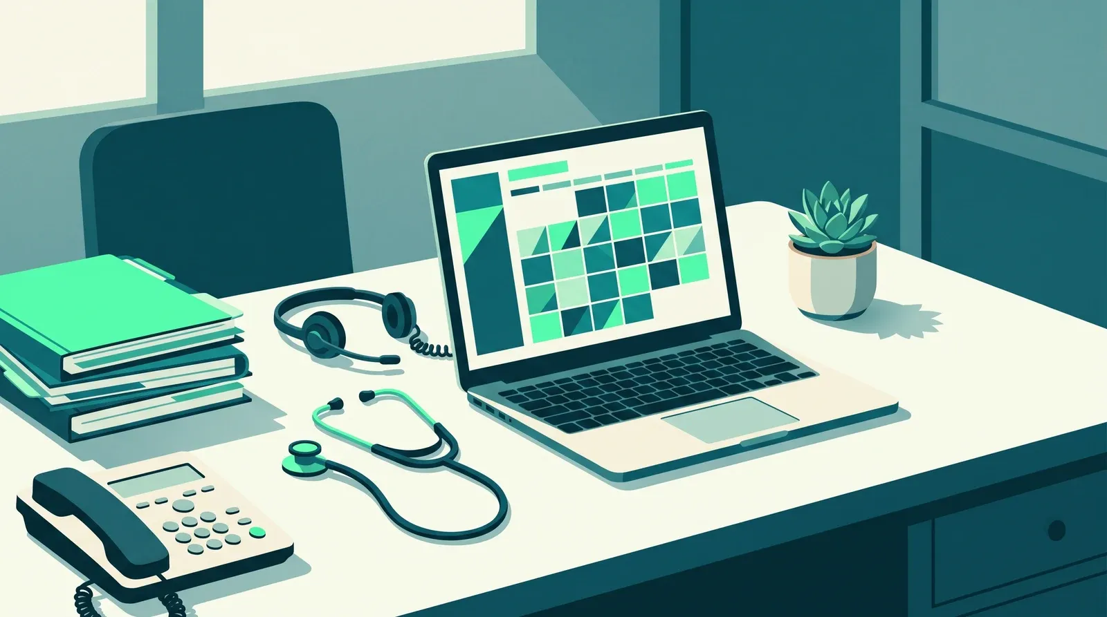 Secrétaire médicale à l'accueil d'un centre de santé, agenda des rendez-vous et dossiers patients, illustration des débouchés du métier