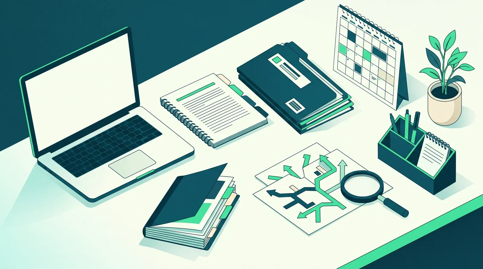 Stage conseiller en insertion professionnelle : bureau avec ordinateur portable, carnet de notes, dossiers de suivi et calendrier de planning