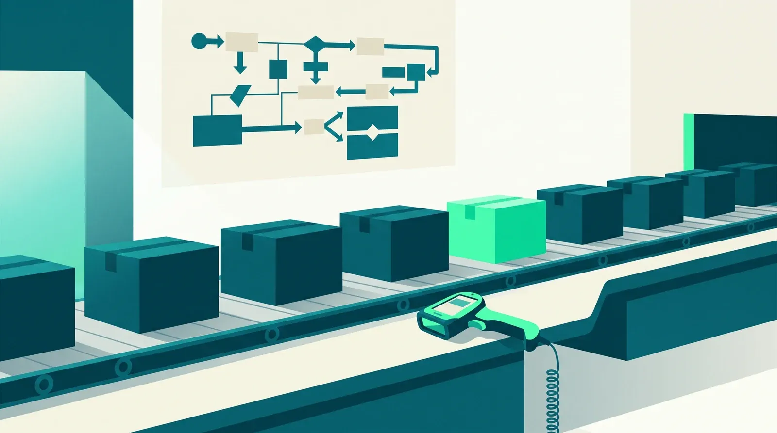 Technicien supérieur en méthodes et exploitation logistique : colis sur convoyeur, scanner et schéma de flux
